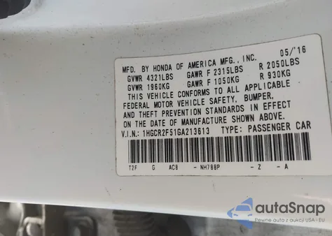 2016 Honda Accord Sport z USA, uszkodzony, nr VIN 1HGCR2F51GA213613